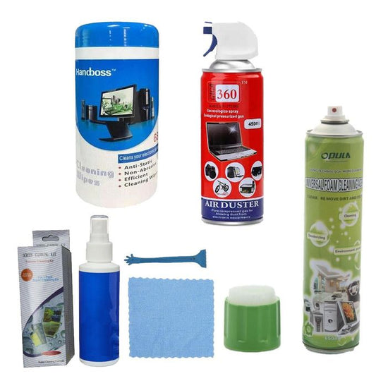 ANTHO Kit complet de nettoyage ordinateurs portable & bureau - bombe à air - bombe à mousse - pinceau - brosse - microfibre - lingettes - air sec - air comprimée - informatique & éléctroménager
