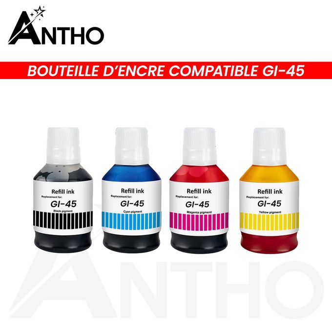 Lot de Bouteille d'encre ANTHO compatible Canon GI-45 - GI45 - Noir Rouge Jaune Bleu - Pour Maxify GX1010 - GX2010 - GX1020 - GX2020 - GX1030 - GX2030 - GX1040 - GX2040 - GX1050- GX2050 - GX1070 - GX2070 - GX1080 - GX2080 - GX1090 - GX2090