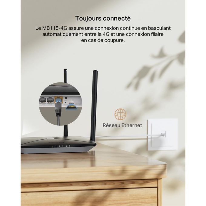 TP-Link Routeur 4G LTE - Mercusys MB115-4G , WiFi 300 Mbps en 2.4 Ghz, Carte SIM Nano, 4 Antennes Puissantes, Jusqu’à 32 Appareils, Mode routeur Via 4 Ports WAN/LAN, Compatible Multi-Opérateurs