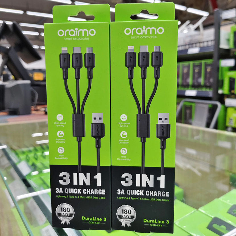 Câble Oraimo ultra rapide  3 en 1 – Lightning + Micro USB + Type C