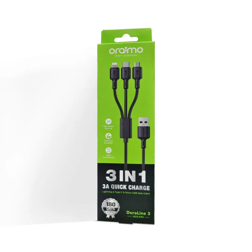Câble Oraimo ultra rapide  3 en 1 – Lightning + Micro USB + Type C
