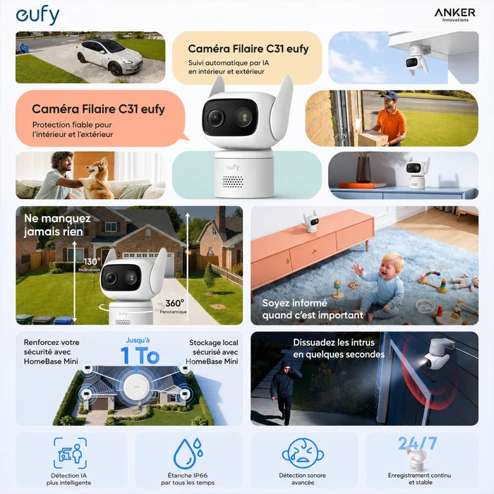 Caméra de Surveillance Neuf Filaire Eufy C31 – Vision Nocturne Couleur 24/7, Suivi IA 360°, IP66 - Ks