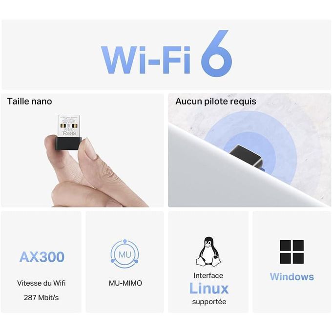 Mercusys Clé Wifi TP-Link MA14N AX300 WiFi 6 WiFi USB, Clé WiFi pour PC Fixe, 287Mbps sur 2.4GHz, Design Nano, format ultra-compact, Installation Plug-&-Play, Compatibilité Windows 11/10/7 +Linux