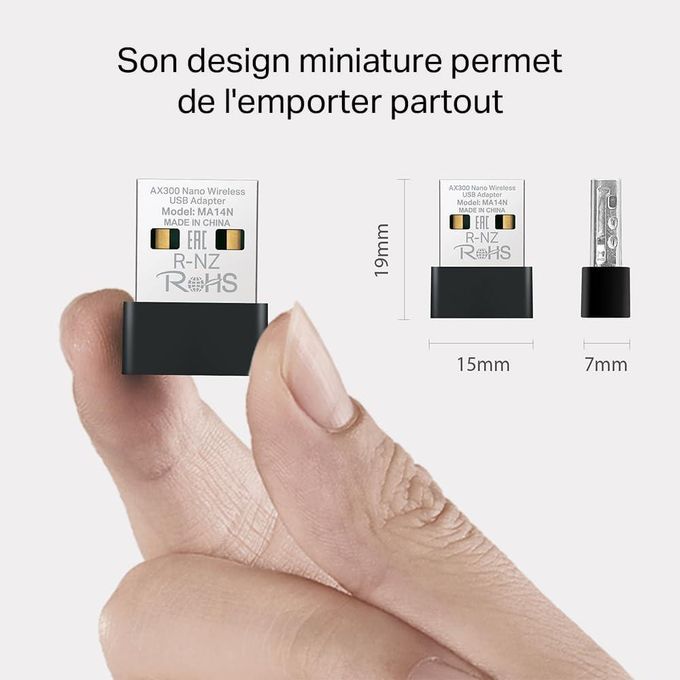 Mercusys Clé Wifi TP-Link MA14N AX300 WiFi 6 WiFi USB, Clé WiFi pour PC Fixe, 287Mbps sur 2.4GHz, Design Nano, format ultra-compact, Installation Plug-&-Play, Compatibilité Windows 11/10/7 +Linux