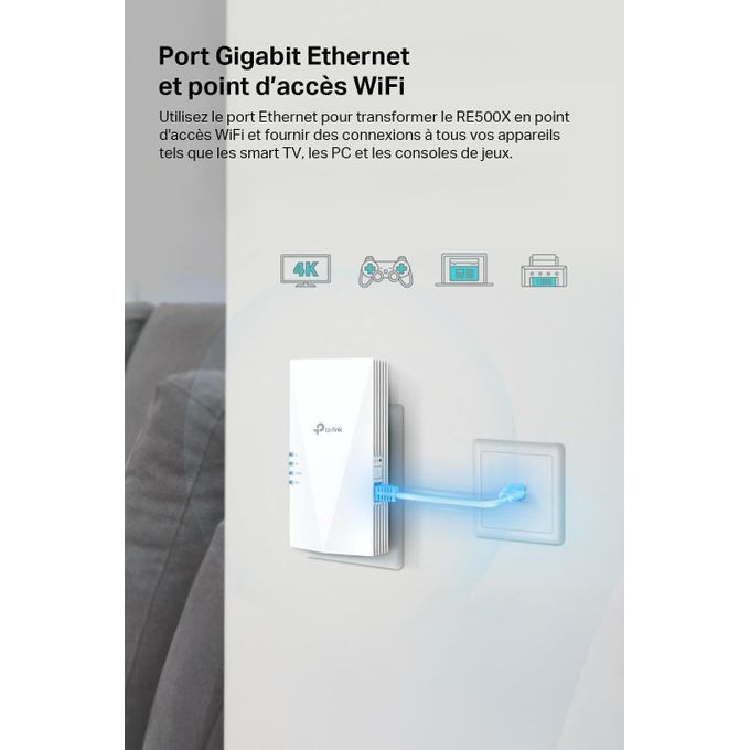 Répéteur TP-Link - WiFi 6 RE500X, Amplificateur Puissant AX1500 Mbps, Port Ethernet Gigabit, Couvre jusqu'à 100 m²