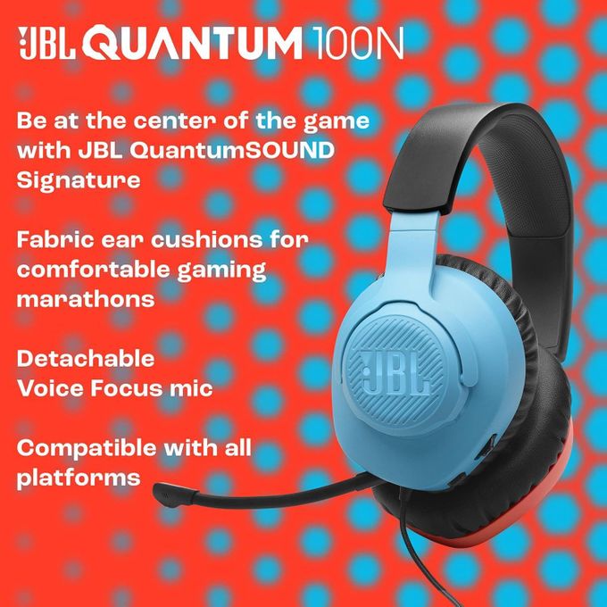 Casque JBL Quantum 100N – Casque de gaming filaire – avec Microphone à perche détachable – Jack 3.5 mm - Compatible Audio 3D PS5 - Compatible PC / Mac / Consoles / Mobiles