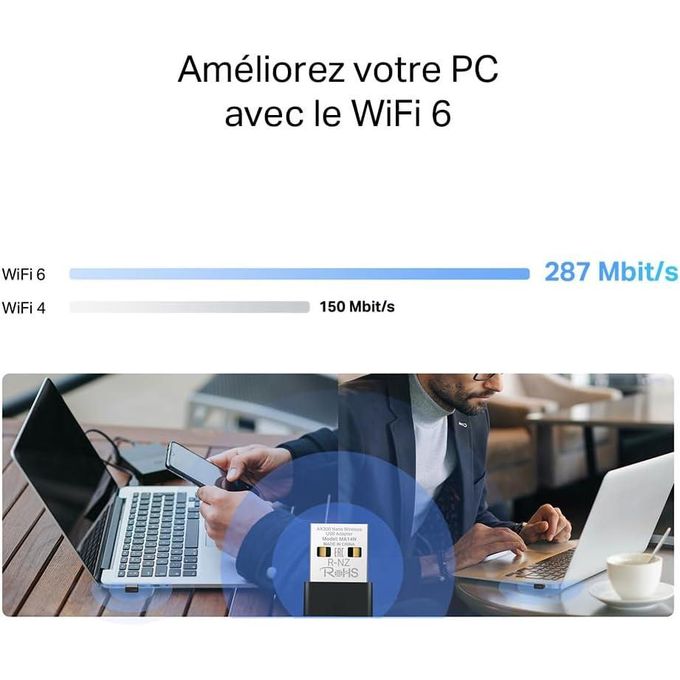 Mercusys Clé Wifi TP-Link MA14N AX300 WiFi 6 WiFi USB, Clé WiFi pour PC Fixe, 287Mbps sur 2.4GHz, Design Nano, format ultra-compact, Installation Plug-&-Play, Compatibilité Windows 11/10/7 +Linux