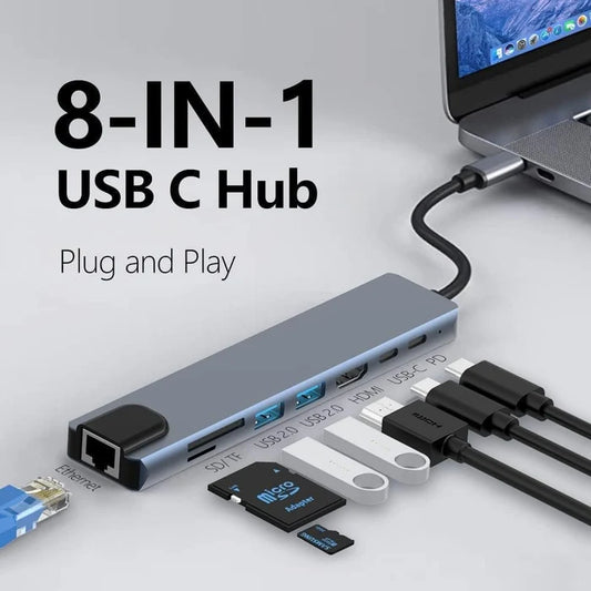 Hub MultiPort 8 en 1 USB C, Adaptateur de Type C Pour Smartphones, Ordinateurs, Tablettes