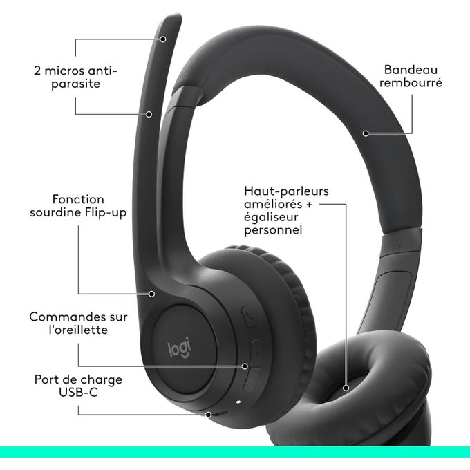 Casque Logitech Zone 300 Casque Bluetooth sans Fil avec Microphone Anti-Parasite, Compatible avec Windows, Mac, Chrome, Linux, iOS, iPadOS, Android - Noir