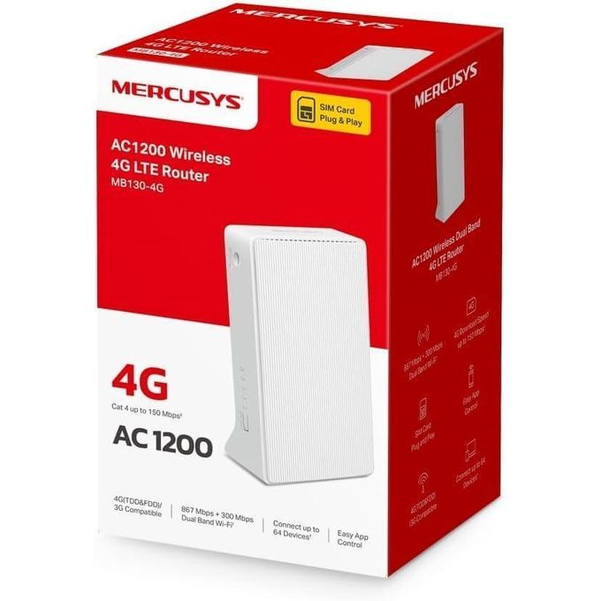 Mercusys MB130-4G Routeur 4G LTE, Débit 300 Mbps Wi-FI N, Jusqu'à 150 Mbps 4G , Plug & Play, Double Antenne, Port WAN/LAN, Compatible avec Tous Les opérateurs, Idéal Maison / Camping / Bureau