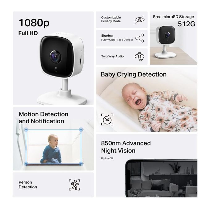 TP-Link Caméra De Surveillance Wifi Tapo C100 - Intérieur - Full HD - Audio - Vision Nocturne