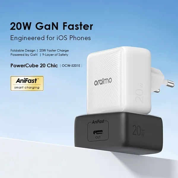 Chargeur Oraimo 20W - Avec Câble Type-C Vers Type Lightning - PowerCube 20 Chic Kit de chargeur Mural GaN