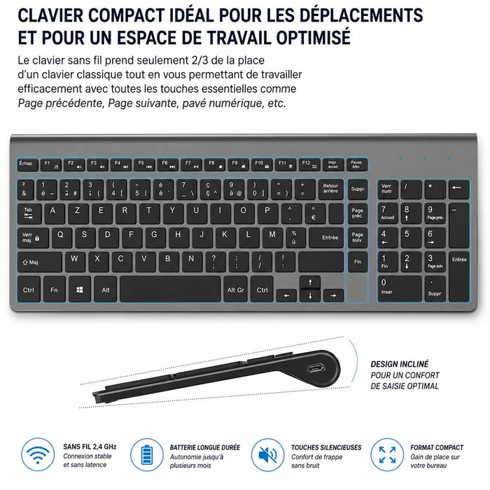 Clavier Joyaccess Gris Noir - Azerty avec Pavé Numerique Sans Fil plus Souris Pour Ordinateur, iMac, Tablette