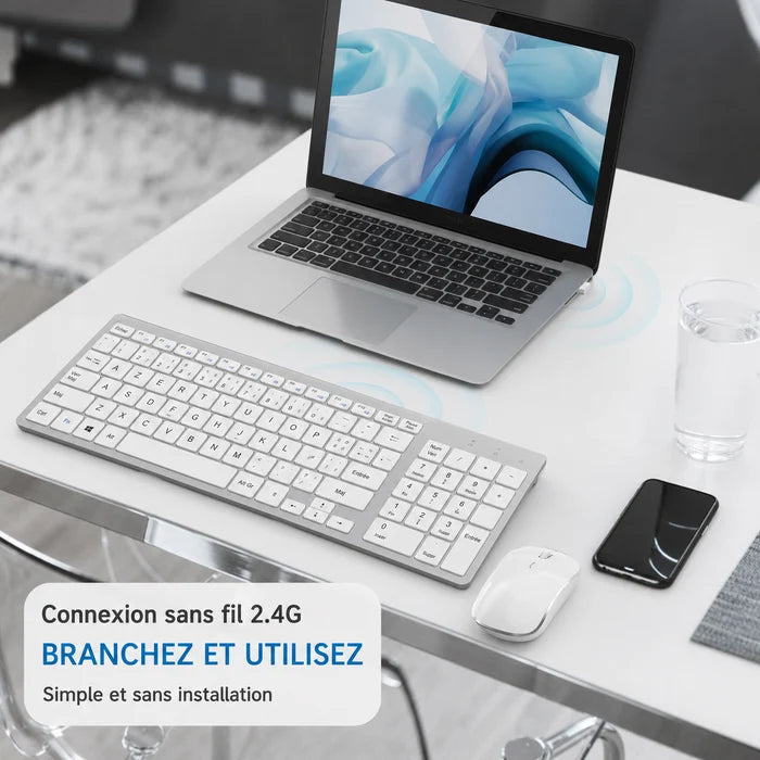 Clavier Joyaccess Blanc - Azerty avec Pavé Numerique Sans Fil plus Souris Pour Ordinateur, iMac, Tablette