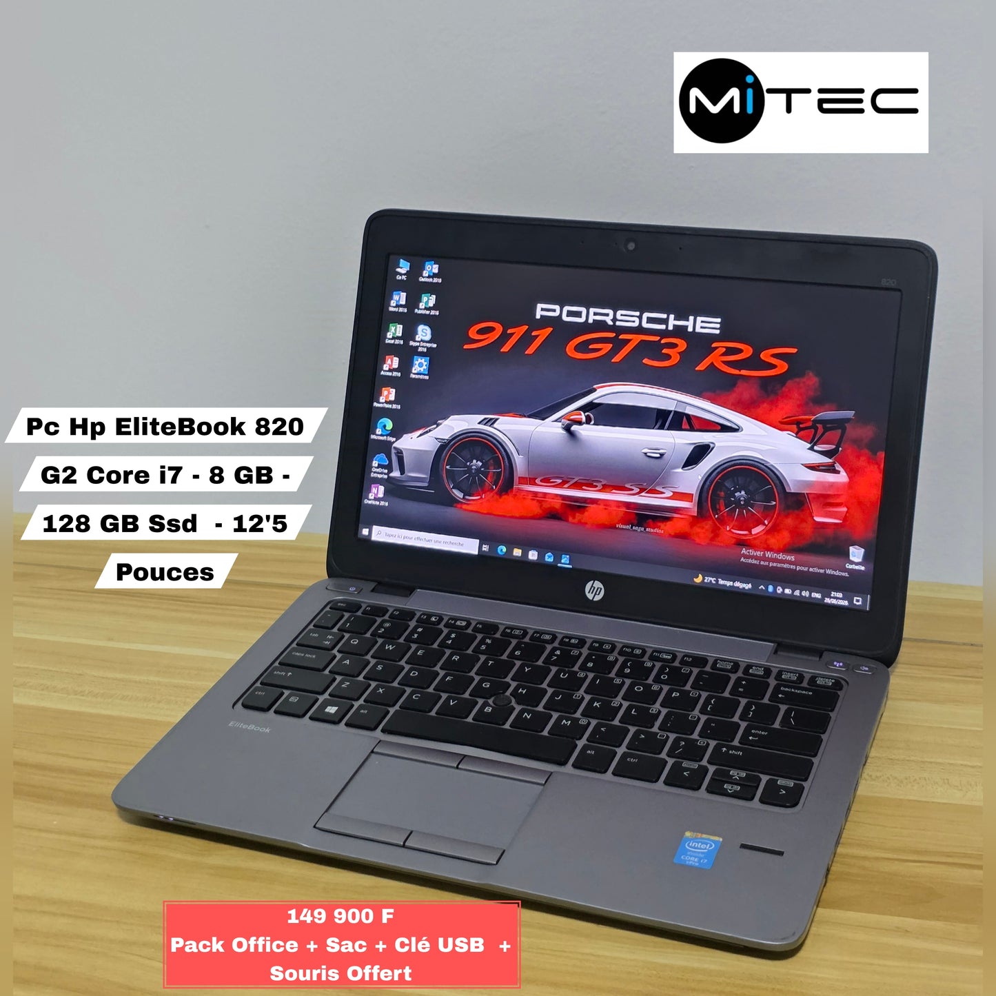 Pc Hp EliteBook 820 G2 Core i7 - 8 GB - 128 GB Ssd  - 12'5 Pouces - Clavier Rétro éclairé - Pack Office + Sac + Clé USB  + Souris Offert