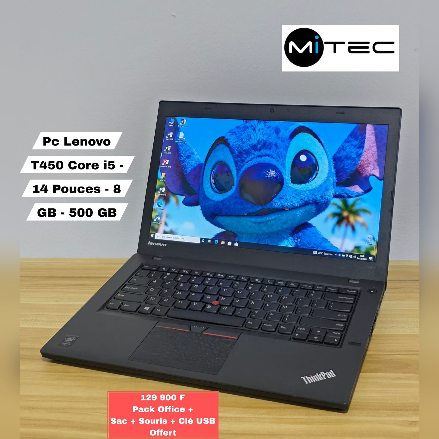 Pc Lenovo T450 Core i5 - 14 Pouces - 8 GB - 500 GB - Pack Office + Sac + Clé USB  + Souris Offert