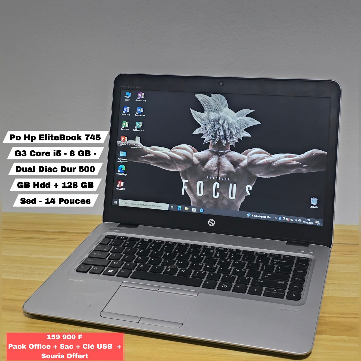 Pc Hp EliteBook 745 G3 Core i5 - 8 GB - Dual Disc Dur 500 GB Hdd + 128 GB Ssd - 14 Pouces - Clavier Rétro éclairé -Pack Office + Sac + Clé USB  + Souris Offert